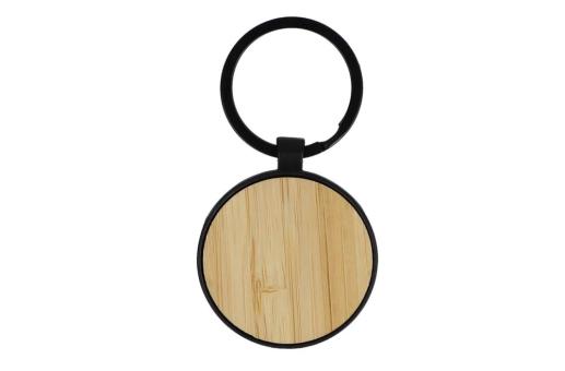 Bamboo and metal keychain round Black