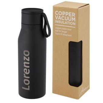 Ljungan 500 ml copper vacuum insulated stainless steel bottle with PU leather strap and lid Black