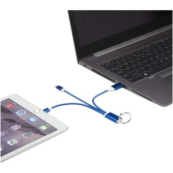 Metal 4-in-1 recycled aluminium charging cable with keychain Dark blue