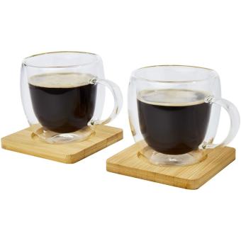 Manti 2-piece 250 ml double-wall glass cup with bamboo coaster Transparent